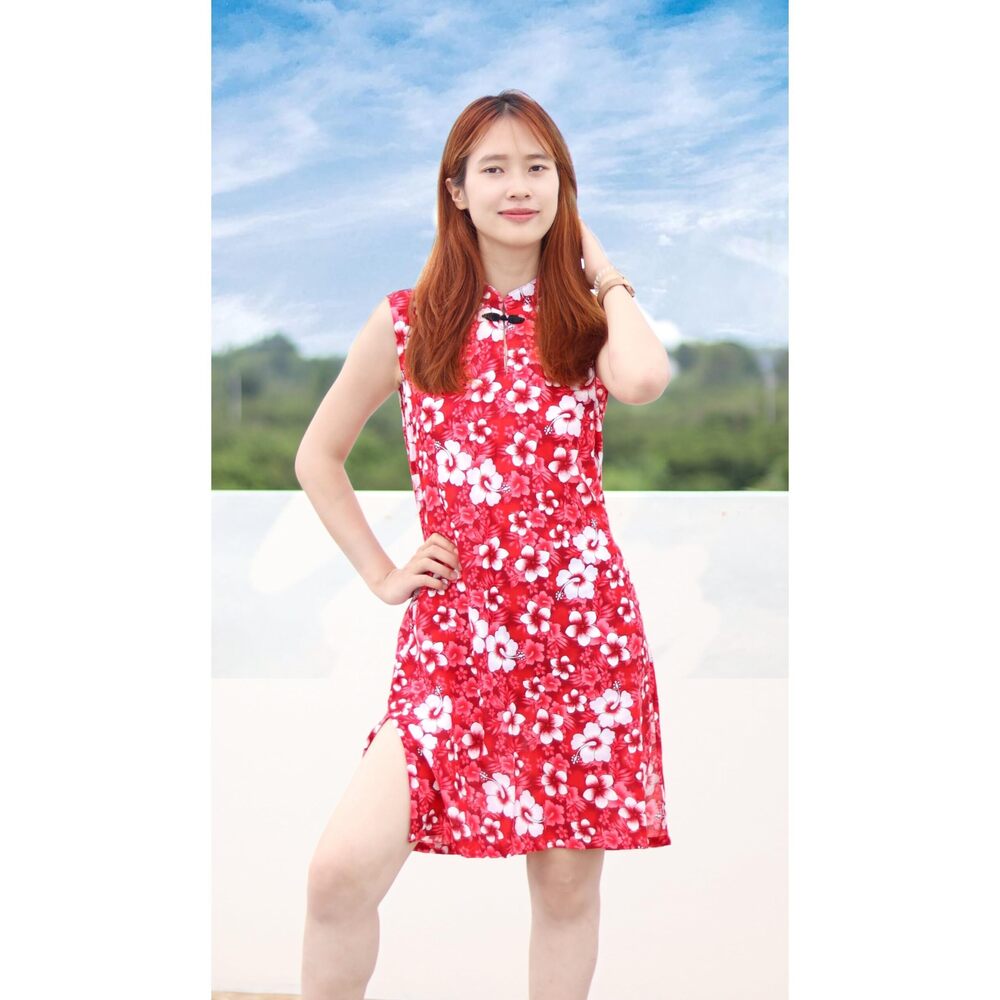 7466 Dress Chinese with Eyelets Small Hibiscus Flowers in Lava Red sz XL - Picture 2 of 5